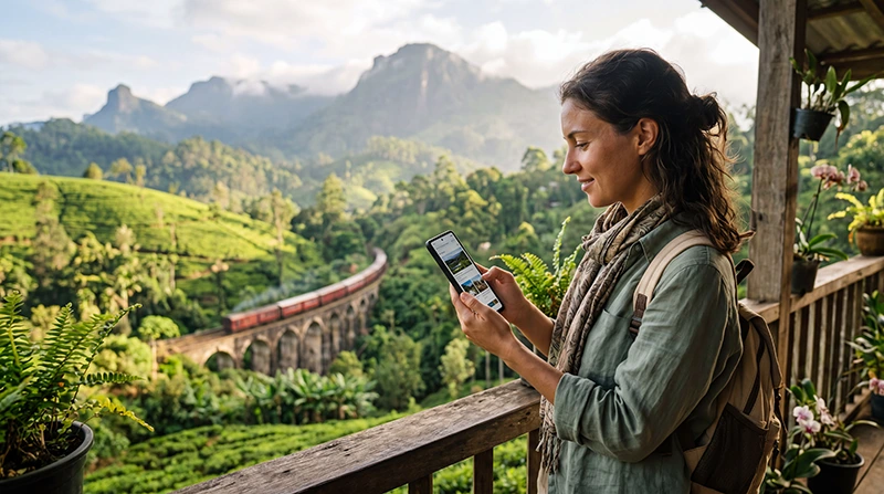 Tourist using mobile internet while exploring Ella in the Sri Lankan hill country