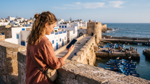 Tourist using mobile internet in Essaouira Morocco