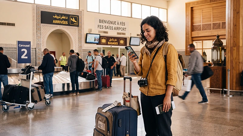 Tourist using mobile internet at Fes Saiss Airport