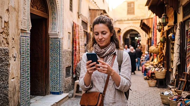 Tourist using mobile internet in Fes Morocco