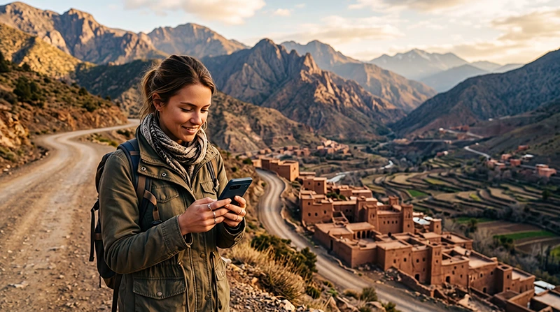 Tourist using mobile internet in the Atlas Mountains Morocco