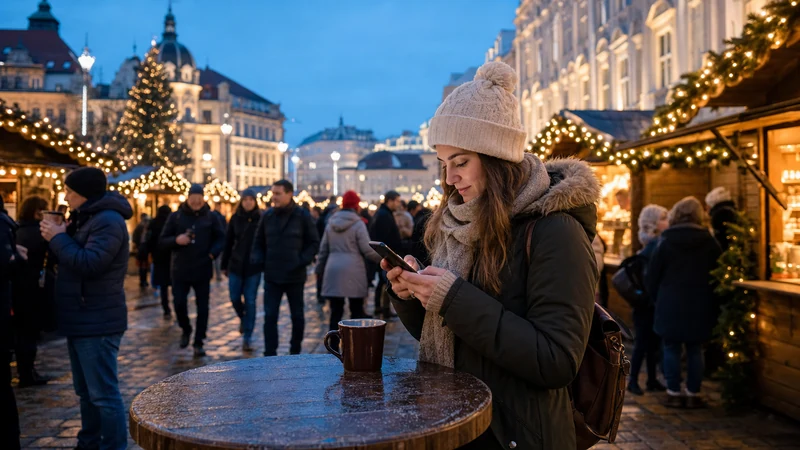 Traveller using a smartphone at an Austrian Christmas market