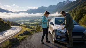 Road traveller using a smartphone beside a car in the Austrian Alps