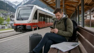 Rail passenger using a smartphone while travelling through Austria