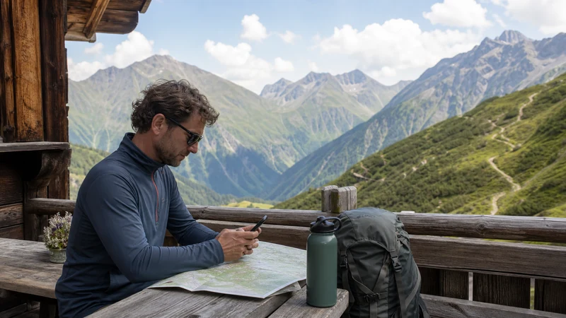 Hiker using a smartphone for internet access in the Austrian Alps