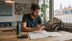 Backpacker using a smartphone while travelling through Austria