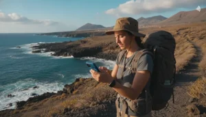 Backpacker using smartphone mobile internet while travelling through the Canary Islands