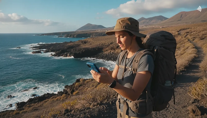 Backpacker using smartphone mobile internet while travelling through the Canary Islands