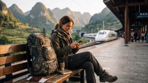 Backpacker using mobile internet while traveling across China
