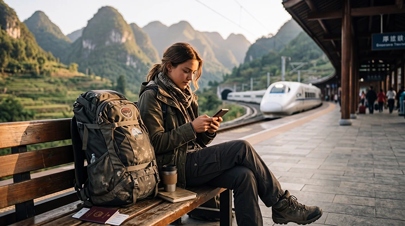 Backpacker using mobile internet while traveling across China