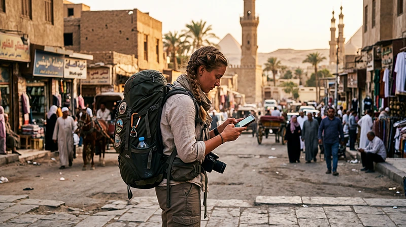 Backpacker using mobile internet while traveling in Egypt