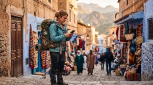 Backpacker using mobile internet while traveling in Morocco