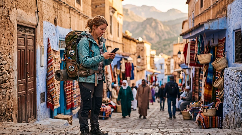 Backpacker using mobile internet while traveling in Morocco