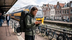 Backpacker using mobile internet while travelling through the Netherlands