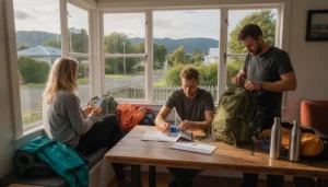 Backpackers using mobile internet while planning their journey through New Zealand