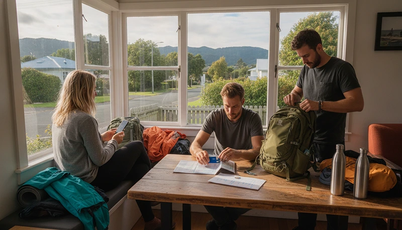 Backpackers using mobile internet while planning their journey through New Zealand