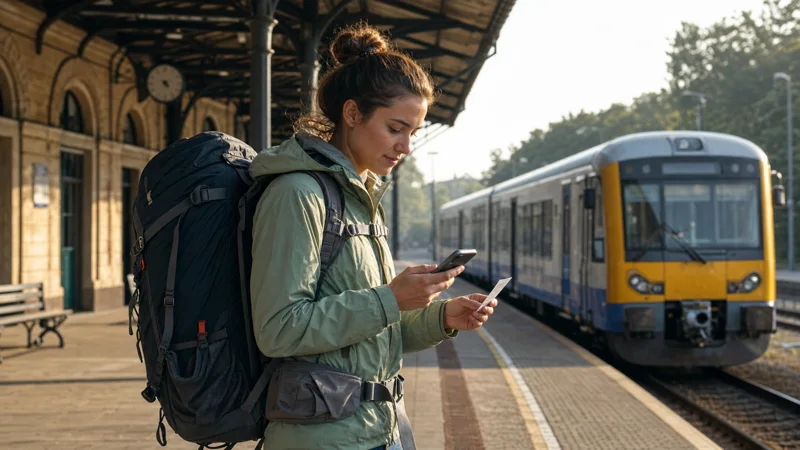 Backpacker using a smartphone at a Polish railway station.