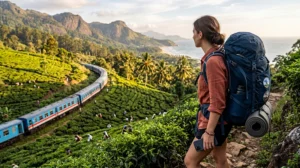 Backpacker using mobile internet while traveling around Sri Lanka