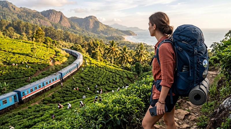 Backpacker using mobile internet while traveling around Sri Lanka