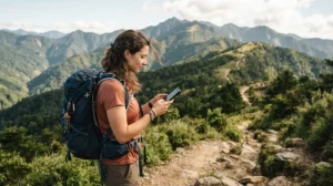 Backpacker using mobile internet with smartphone while travelling through Taiwan