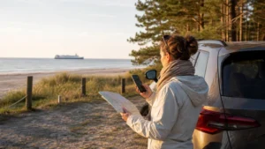Traveller using a smartphone beside a parked car on Poland's Baltic coast.