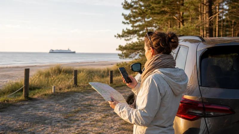 Traveller using a smartphone beside a parked car on Poland's Baltic coast.