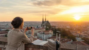 Traveller using mobile internet during a Brno city break.
