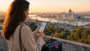Weekend traveller using mobile internet during a Budapest city break