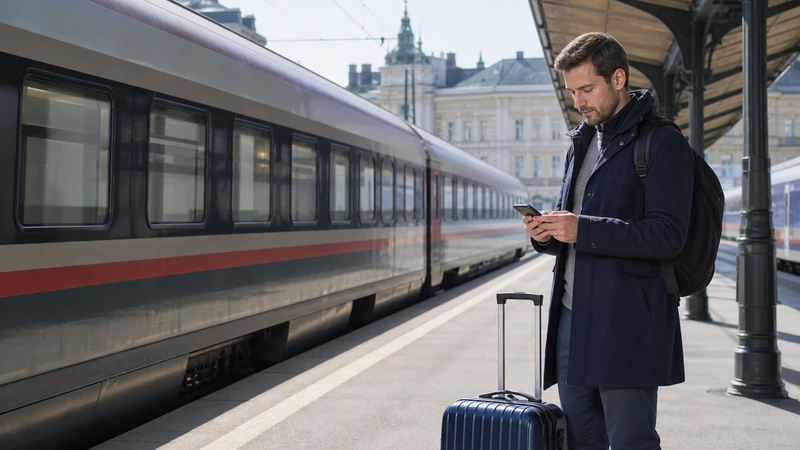 Rail passenger using a smartphone while travelling from Budapest to Vienna