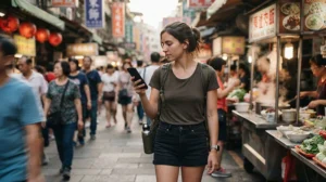 Budget traveller using affordable mobile internet while exploring Taiwan