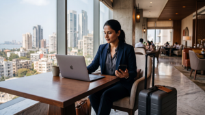 Business traveler using an India eSIM and laptop during a work trip to India