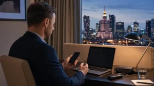 Business traveller using secure mobile data in a Polish hotel workspace.