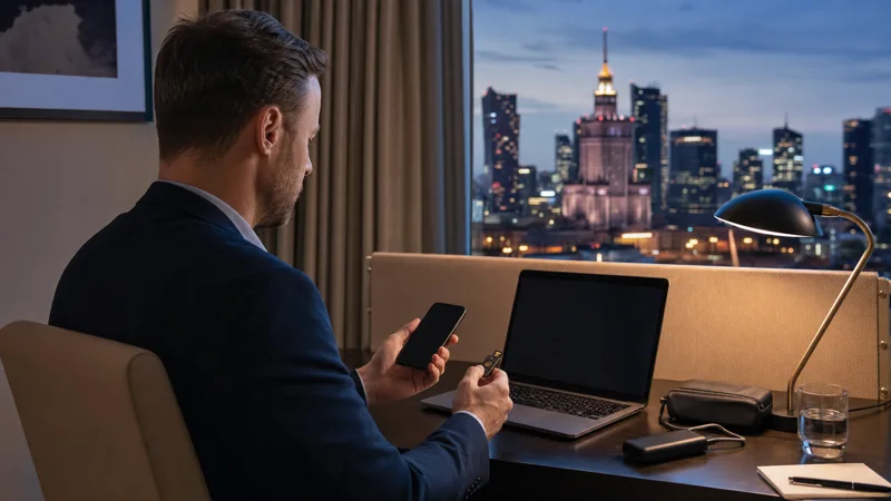 Business traveller using secure mobile data in a Polish hotel workspace.