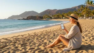 Tourist using mobile internet on smartphone during Canary Islands beach holiday
