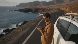 Traveller using smartphone mobile internet during a Canary Islands road trip