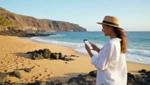 Tourist using smartphone with mobile internet during Canary Islands vacation