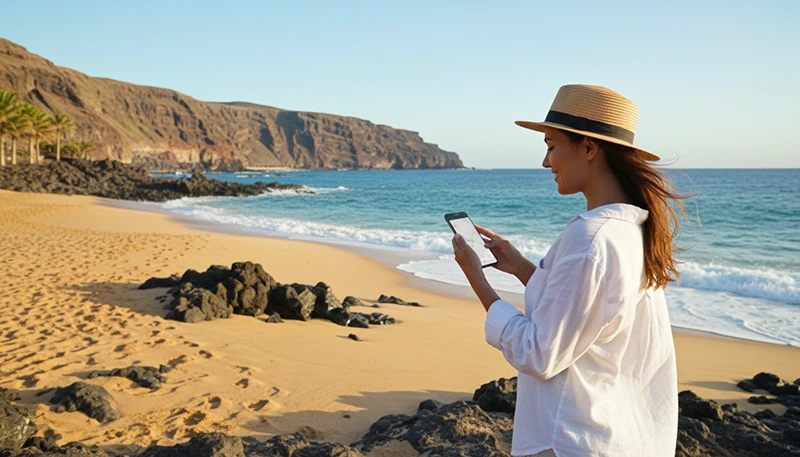 Tourist using smartphone with mobile internet during Canary Islands vacation