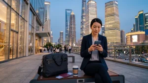 Business traveler using mobile internet during a business trip to China