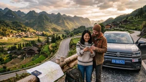 Travelers using mobile internet during a road trip across China