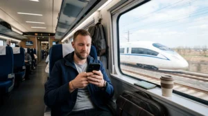 Traveler using mobile internet on a high-speed train in China