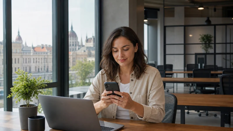 Remote professional using a laptop and smartphone in a Budapest coworking space