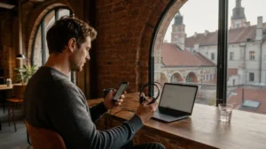 Remote worker using mobile backup data in a Kraków coworking space.