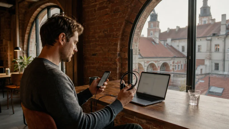 Remote worker using mobile backup data in a Kraków coworking space.