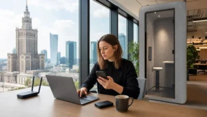 Remote worker checking mobile backup data in a Warsaw coworking space.