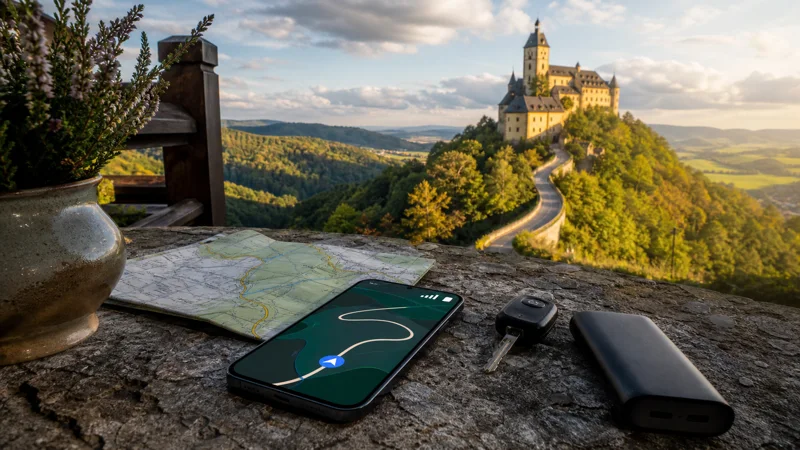 Mobile navigation planning for a Czech castles trip.