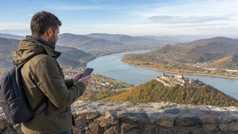 Traveller checking a Danube Bend route on a smartphone beside the river in Hungary