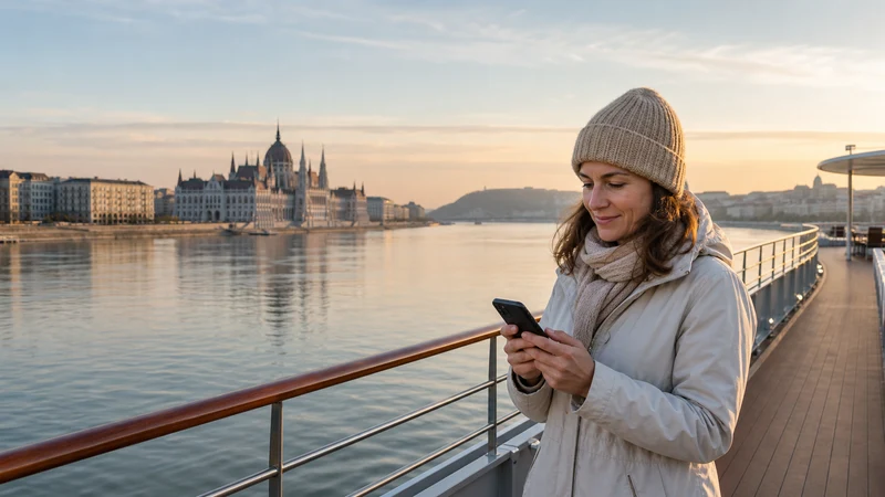 Cruise passenger using a smartphone on the Danube River in Hungary