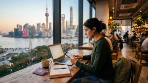 Digital nomad using mobile internet while working remotely in China