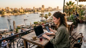 Digital nomad using mobile internet while working remotely in Egypt