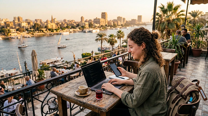 Digital nomad using mobile internet while working remotely in Egypt
